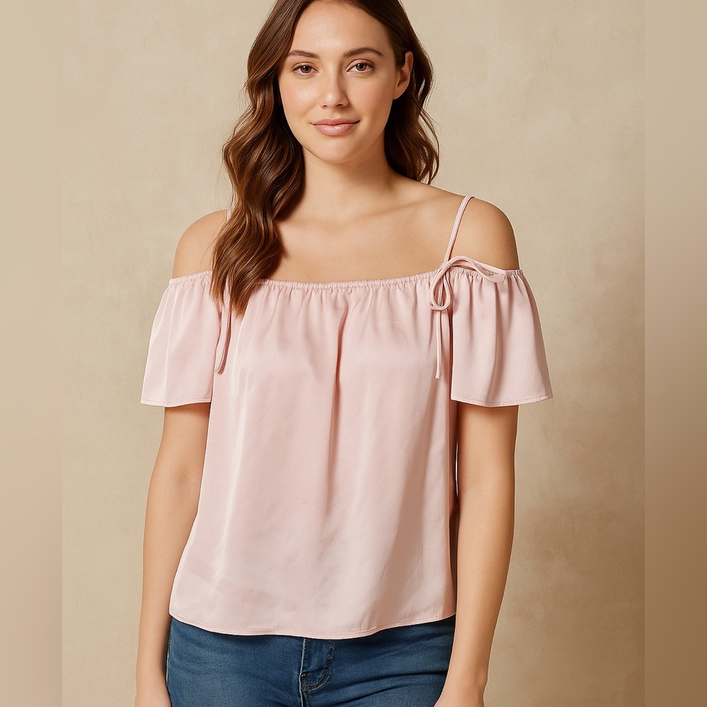 H&M Blush Pink Off The Shoulder Tie Strap Blouse Flowy Fit Shirt - Size Large